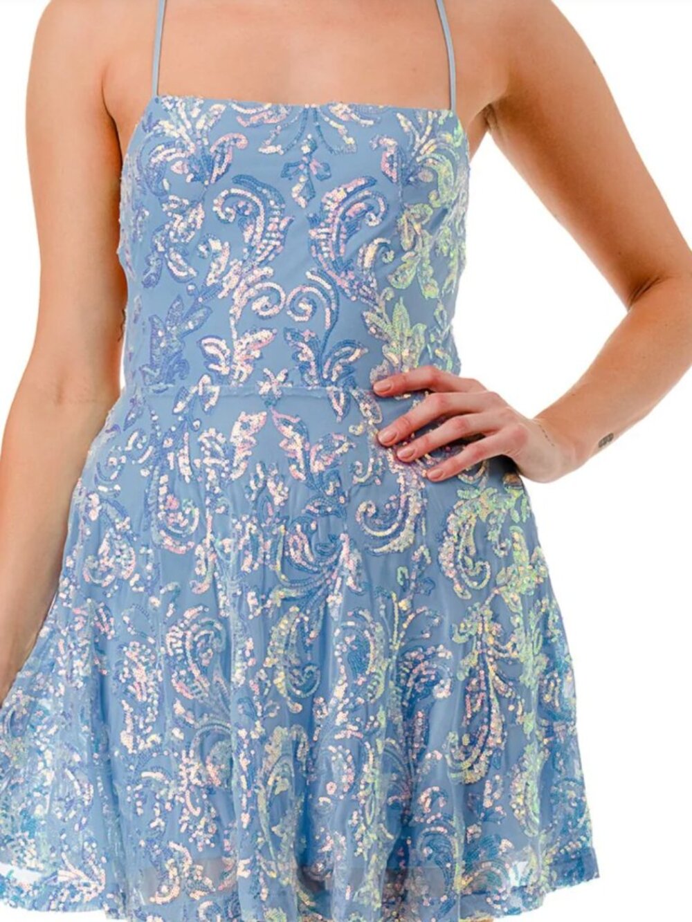 Sequin Embellished Flared Crossed Back Mini Dress